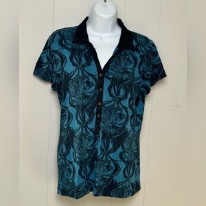 Dana Buchman Women's Cotton Blend Teal/Black Floral V Neck Top Short Sleeve Sz M